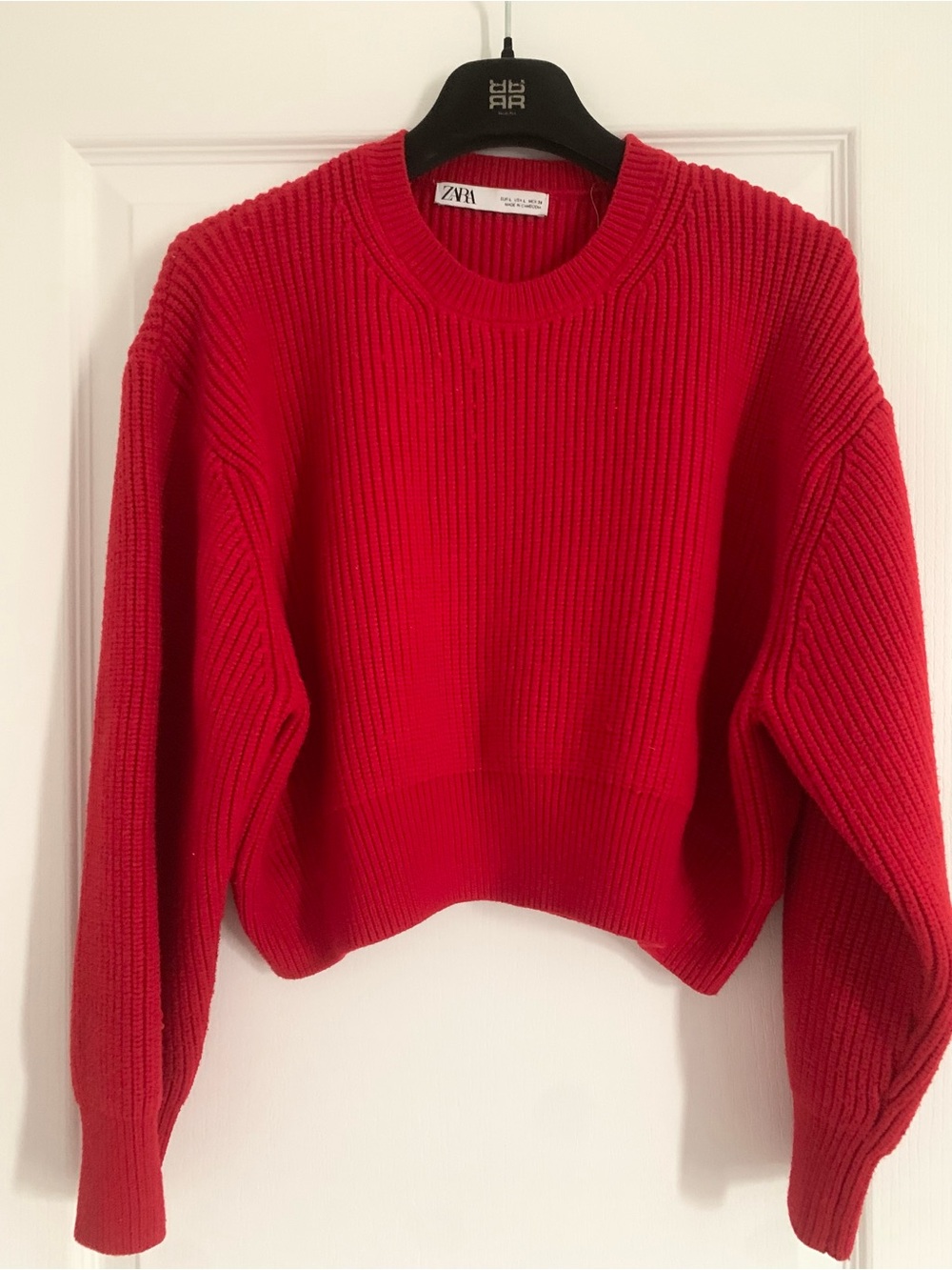 Zara Bright Red Ribbed Crewneck Sweater